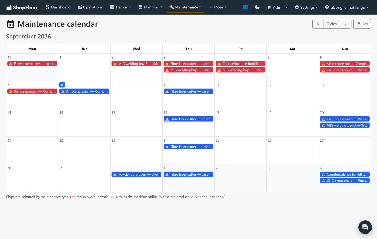 The Maintenance calendar for September 2026, with planned work on the fibre laser, press brake, compressor and welding bay.